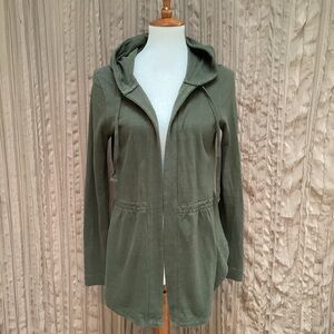LOFT Olive Green Hooded Women's Jacket, open front, gathered waist, hi/low hem,S